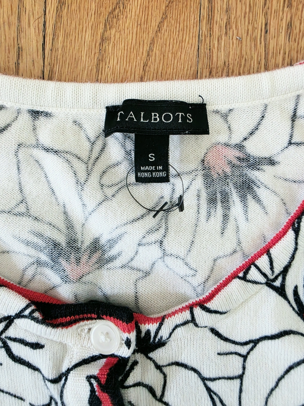 Talbots White Cardigan with Black Floral Print & Red Trim Size S - Picture 2 of 4